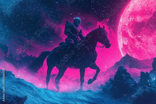 Spaceman riding a horse in outer space neon style photo