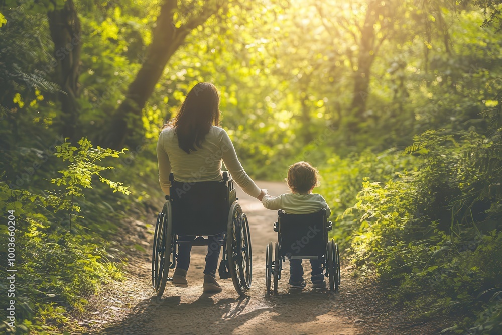Mother and child in wheelchairs enjoying nature together. Mother and child in wheelchairs enjoying nature together.
