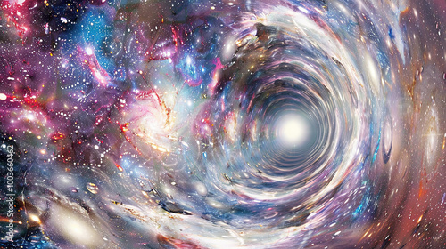 Cosmic scene with massive black hole at center, surrounded by swirling galaxies and distant stars, symbolizing the mysterious and powerful nature of black hole theory.