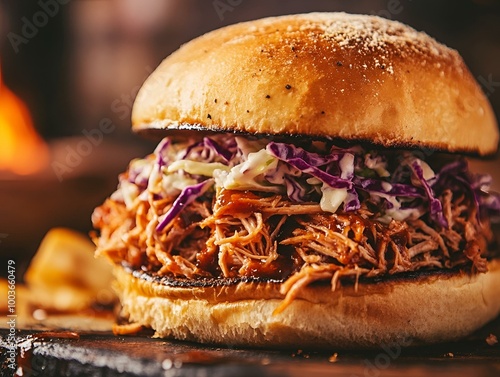 Gourmet Pulled Pork Sandwich with Fresh Coleslaw on Sesame Bun Served with Fries.