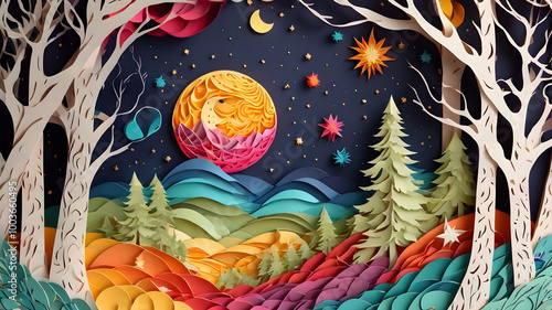 Moon and Stars Wallpaper Seen Through Trees and Mountains in Bright Colors with Paper Quill Style
