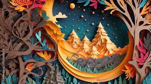 Moon and Stars Wallpaper Seen Through Trees and Mountains in Bright Colors with Paper Quill Style