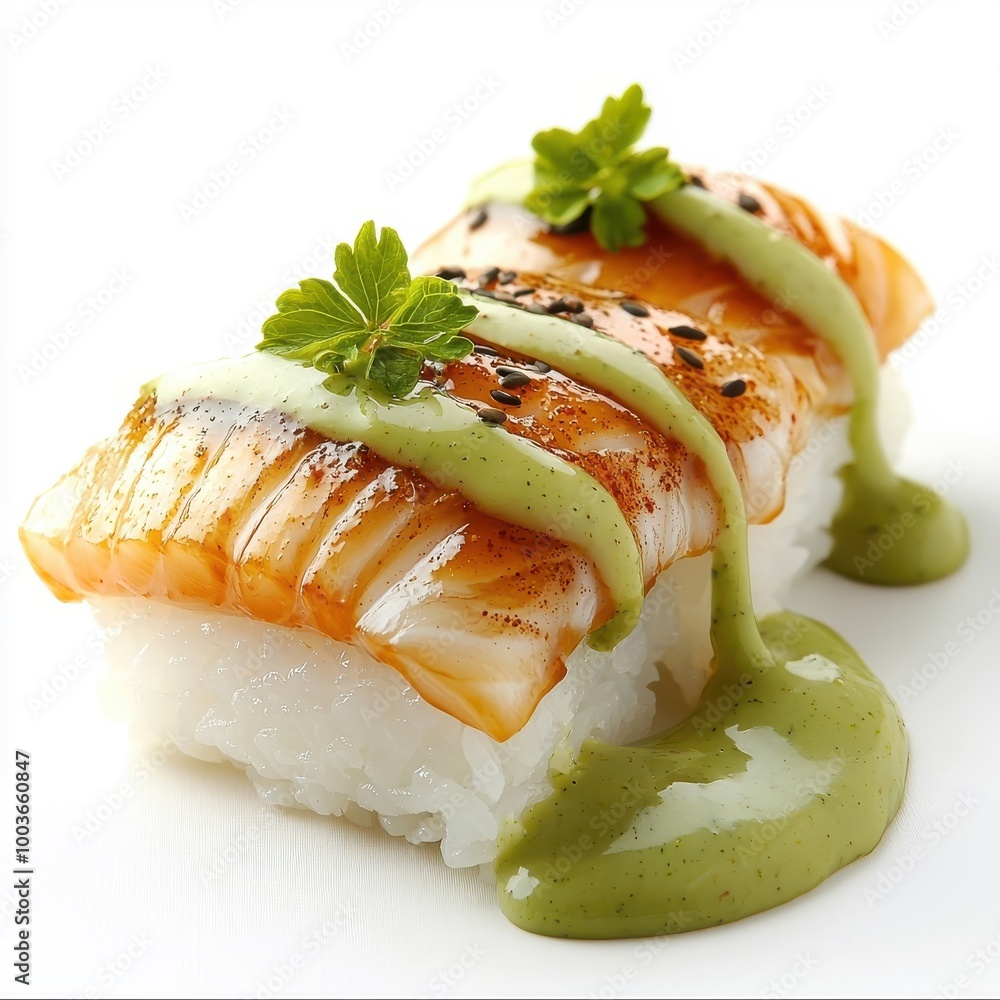 Oozing wasabi sauce over nigiri sushi, isolated on a white background, spicy and tempting. Oozing wasabi sauce over nigiri sushi, isolated on a white background, spicy and tempting.