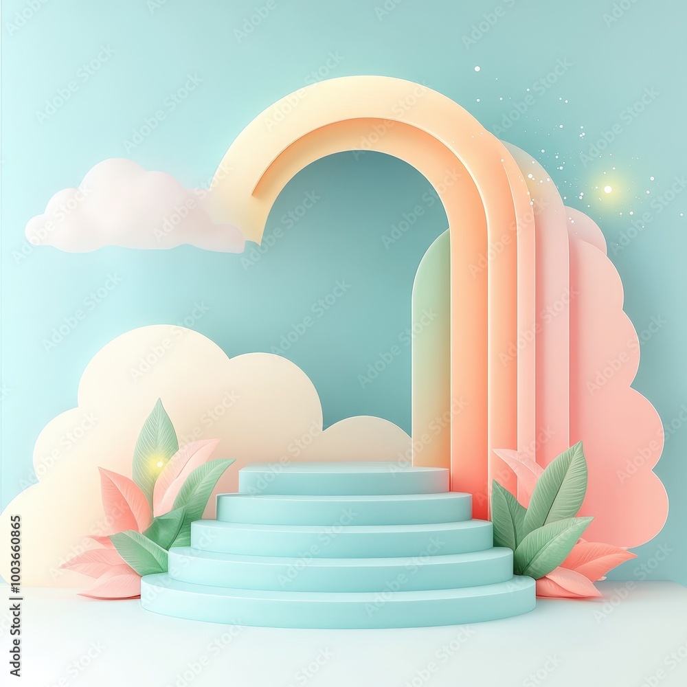Pastel Rainbow Arch with Blue Steps and Clouds. Pastel Rainbow Arch with Blue Steps and Clouds.