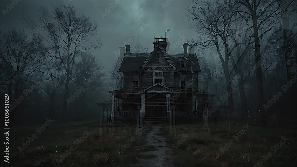 Dark and moody scene of an abandoned property, eerie and creepy haunted house in a foggy forest. Perfect for horror themes and mysterious atmosphere for halloween theme card Dark and moody scene of an abandoned property, eerie and creepy haunted house in a foggy forest. Perfect for horror themes and mysterious atmosphere for halloween theme card