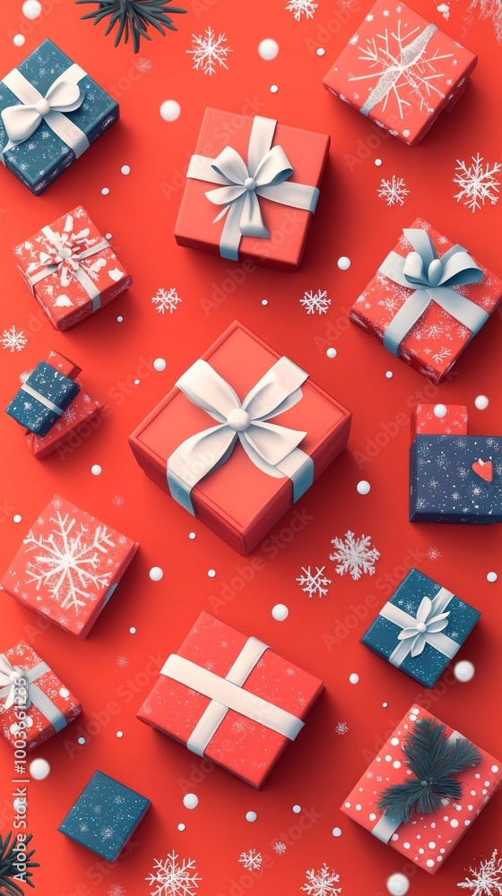 Colorful presents with bows are scattered across a festive red background, complemented by white snowflakes and small decorative elements, embodying the joyous spirit of Christmas and New Year Colorful presents with bows are scattered across a festive red background, complemented by white snowflakes and small decorative elements, embodying the joyous spirit of Christmas and New Year