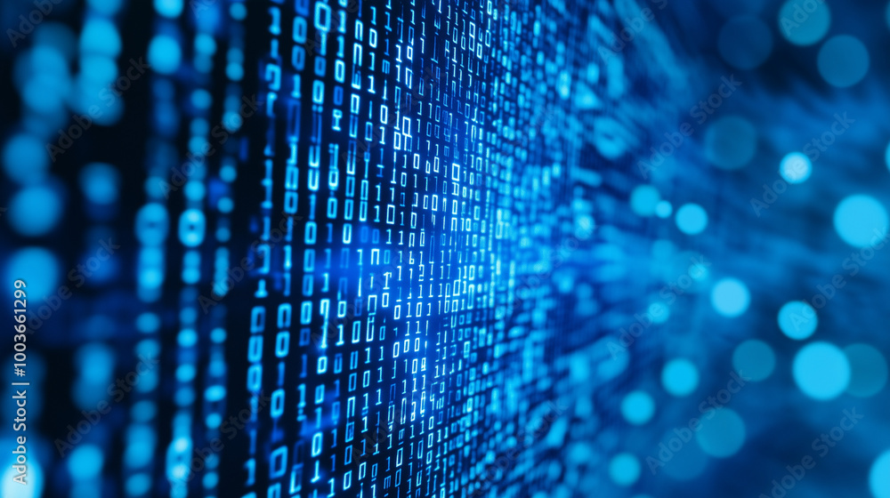 Blue digital binary data on computer screen background
Blue digital binary data on computer screen background