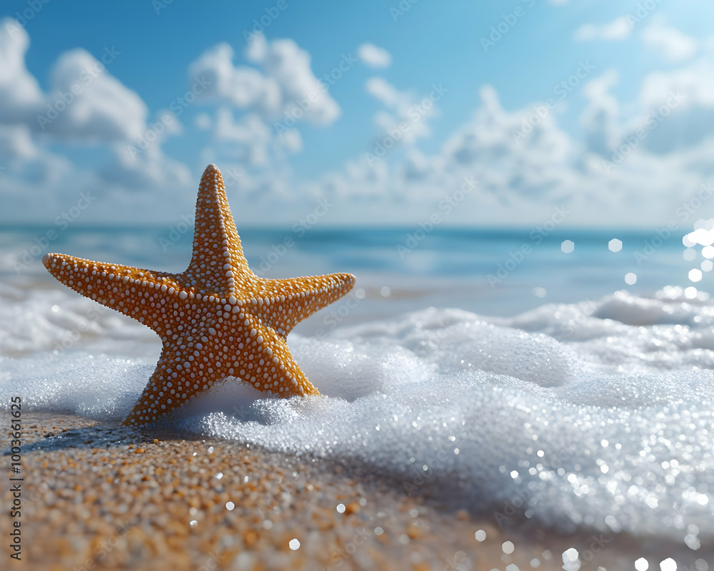 Sea Star on Sandy Beach With Foamy Waves 3D Illustration Sea Star on Sandy Beach With Foamy Waves 3D Illustration