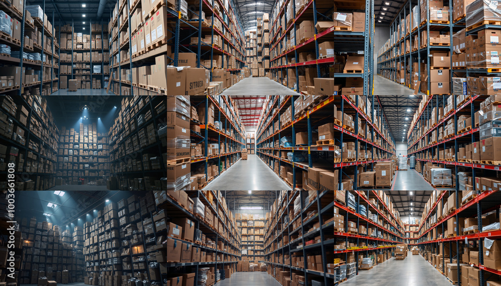 Warehouse or storage and shelves with cardboard boxes full of goods. Industrial background. Warehouse or storage and shelves with cardboard boxes full of goods. Industrial background.