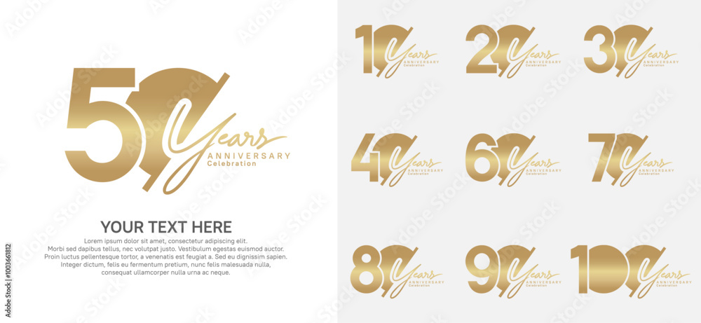 Fototapeta premium Anniversary logo set vector design, golden color for celebration event