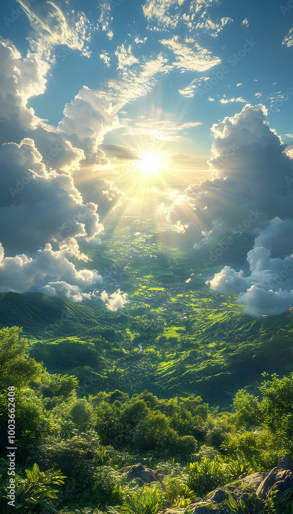 Illustration of a Mountainous Landscape with Sun Rays Breaking Through Clouds Illustration of a Mountainous Landscape with Sun Rays Breaking Through Clouds
