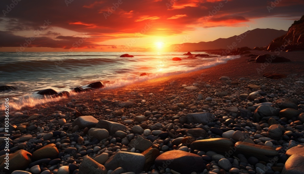 Obraz premium Sunset view on the beach full of pebbles