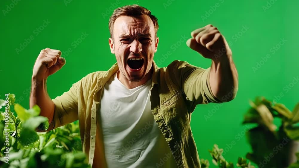 Young man is ecstatic, raising his fists in the air and yelling with joy, surrounded by green plants against a vibrant green screen backdrop Young man is ecstatic, raising his fists in the air and yelling with joy, surrounded by green plants against a vibrant green screen backdrop