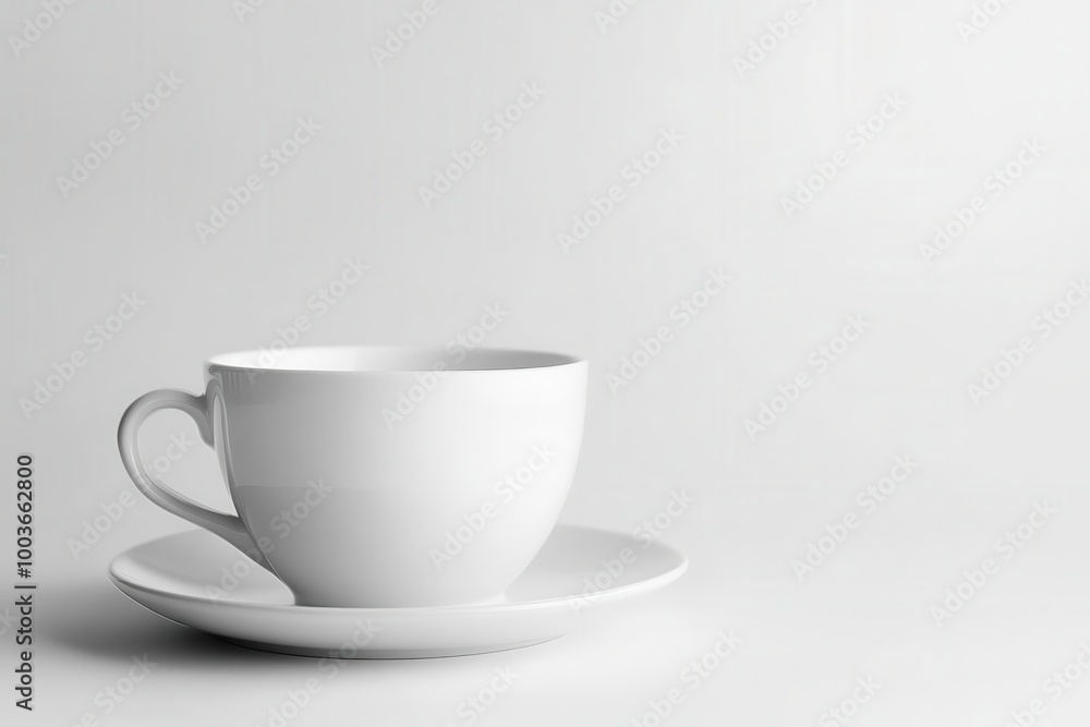 White cup and saucer on a light background, minimalistic design. White cup and saucer on a light background, minimalistic design.