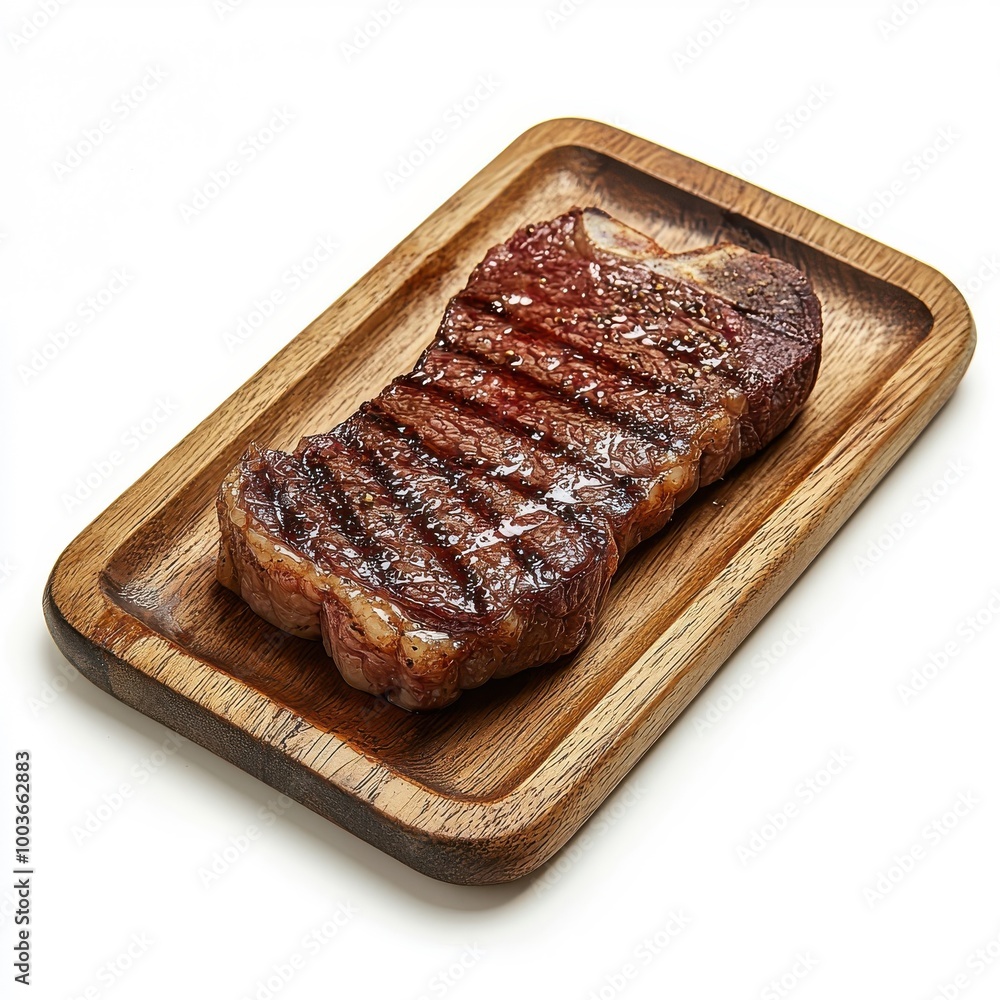 Striploin steak on a wooden tray, isolated on a white background, adding a rustic charm. Striploin steak on a wooden tray, isolated on a white background, adding a rustic charm.
