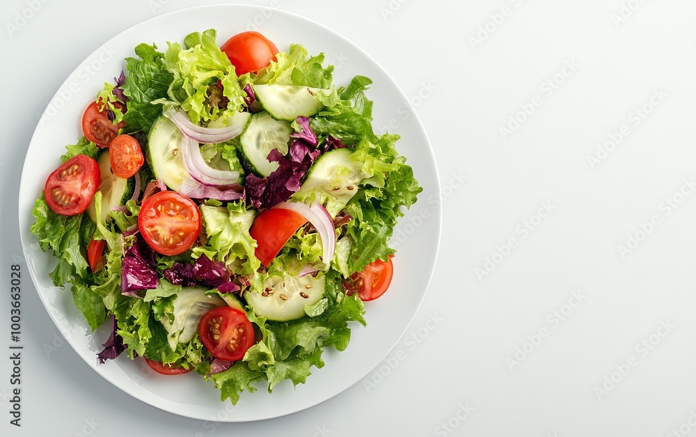 A fresh salad featuring various greens, tomatoes, and cucumbers, ideal for a healthy meal. A fresh salad featuring various greens, tomatoes, and cucumbers, ideal for a healthy meal.