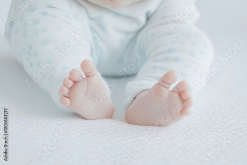 Baby feet in white cozy blanket, soft and cute detail.