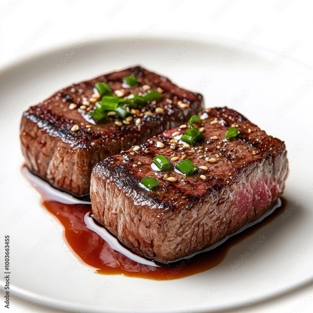 Oozing sauce over the Wagyu steak, isolated on a white background, tantalizing and mouthwatering. Oozing sauce over the Wagyu steak, isolated on a white background, tantalizing and mouthwatering.
