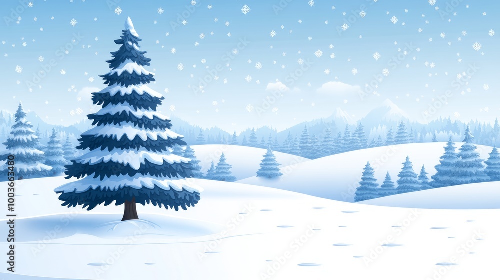 Obraz premium A peaceful winter landscape showcases tall evergreen trees blanketed in fresh snow, surrounded by rolling hills. Soft snowflakes gently fall, creating a magical atmosphere