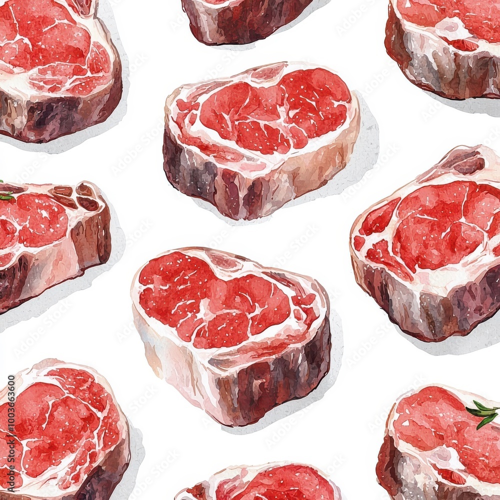 Watercolor seamless pattern of lamb steaks, isolated on a white background, artistic and visually engaging. Watercolor seamless pattern of lamb steaks, isolated on a white background, artistic and visually engaging.