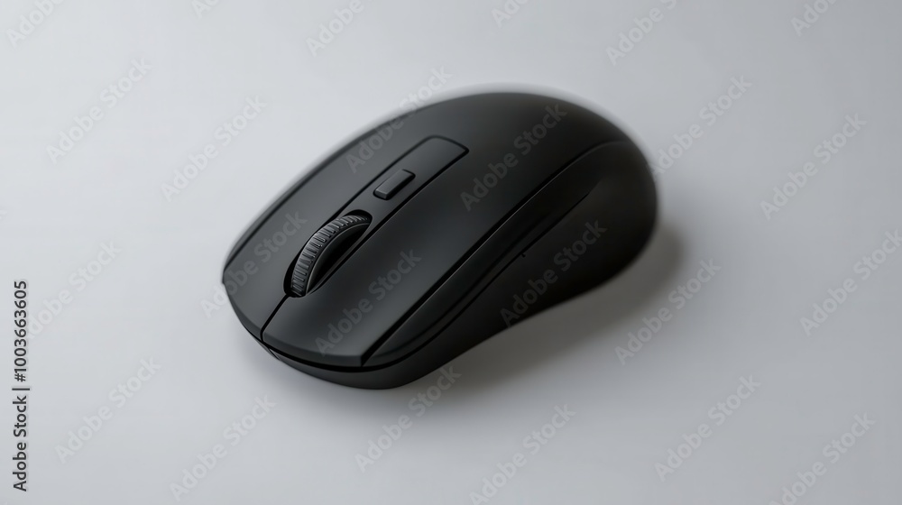 Black wireless computer mouse on a gray background. Black wireless computer mouse on a gray background.