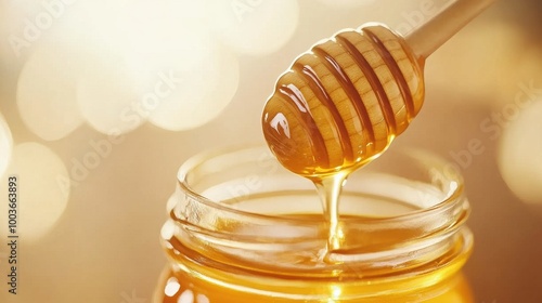 A wooden spoon stirring honey in a glass jar