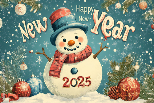 A cheerful Christmas card featuring a snowman next to a decorated Christmas tree, perfect for celebrating the winter holiday season