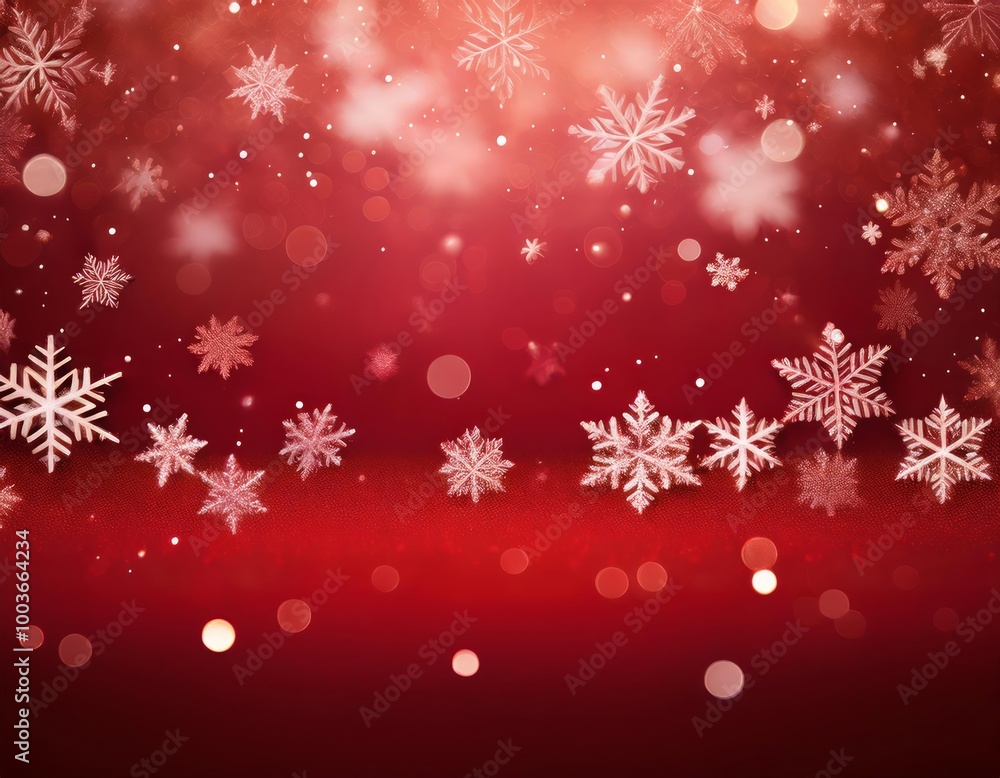 Delicate white snowflakes float against a vibrant red background with soft bokeh lights, creating a festive, dreamy winter scene Delicate white snowflakes float against a vibrant red background with soft bokeh lights, creating a festive, dreamy winter scene
