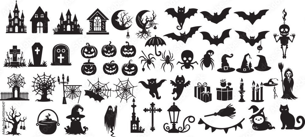Fototapeta premium Big Set of Horror Halloween Silhouettes Icon Vector illustration on a white Background.