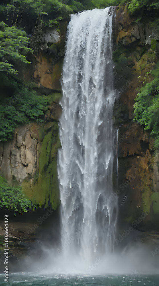 Obraz premium a man standing in front of a waterfall with a surfboard