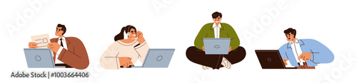Business people work at laptop, set. Online virtual remote workers and technology, employees at notebook computer, PC during calls, typing. Flat vector illustration isolated on white background