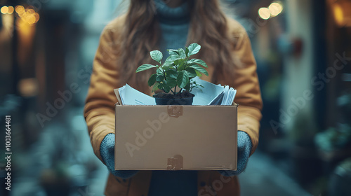 A Woman in Business Attire Holding an Open Cardboard Box, Representing Professionalism and Organization in the Workplace, Highlighting the Importance of Presentation, Packaging, and Efficient Manageme photo