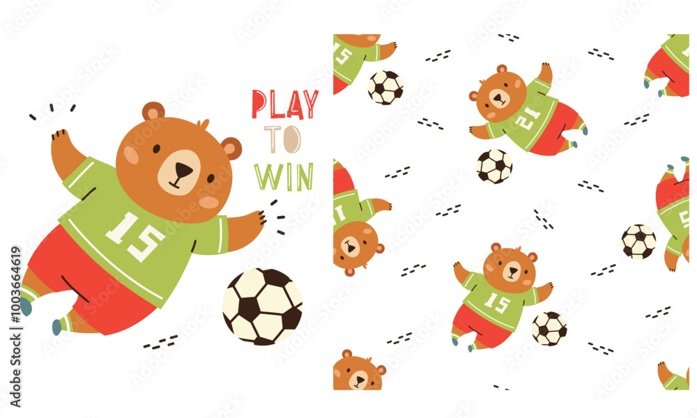 Fototapeta premium A set of vector prints for printing on children's products. Seamless vector pattern on white background on sports theme. Cute bear playing soccer. Prints in children's style . Vector illustration
