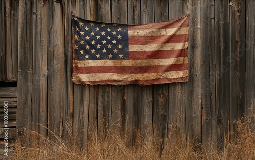 A weathered American flag hangs on a rustic wooden wall, surrounded by dry grass, evoking a sense of nostalgia and history. photo