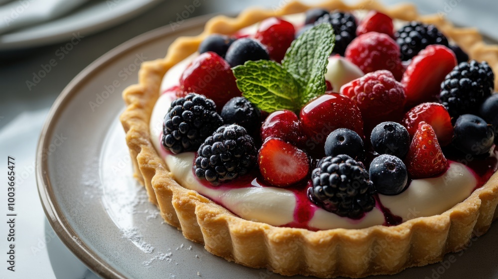 Photography of a fruit tart with a golden crust, topped with a medley of fresh berries Photography of a fruit tart with a golden crust, topped with a medley of fresh berries