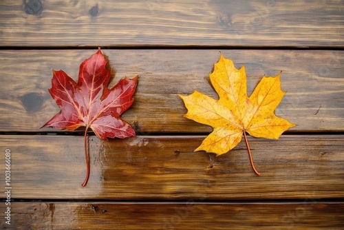 Two maple leaves on a wet wooden table, creating an autumnal mood