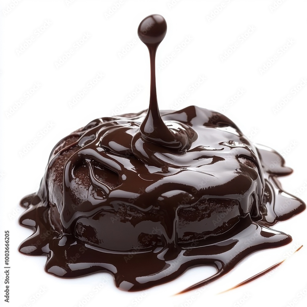 Obraz premium Oozing chocolate sauce, isolated on a white background, tempting and mouth-watering appearance.