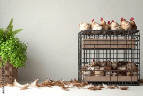 A metal cage with feathers scattered around, symbolizing the confinement and control in poultry farming and the harsh realities of industrial animal husbandry. photo