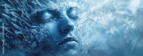 An ethereal visage surrounded by icy textures, embodying a serene yet powerful presence in a blue, dreamlike atmosphere.