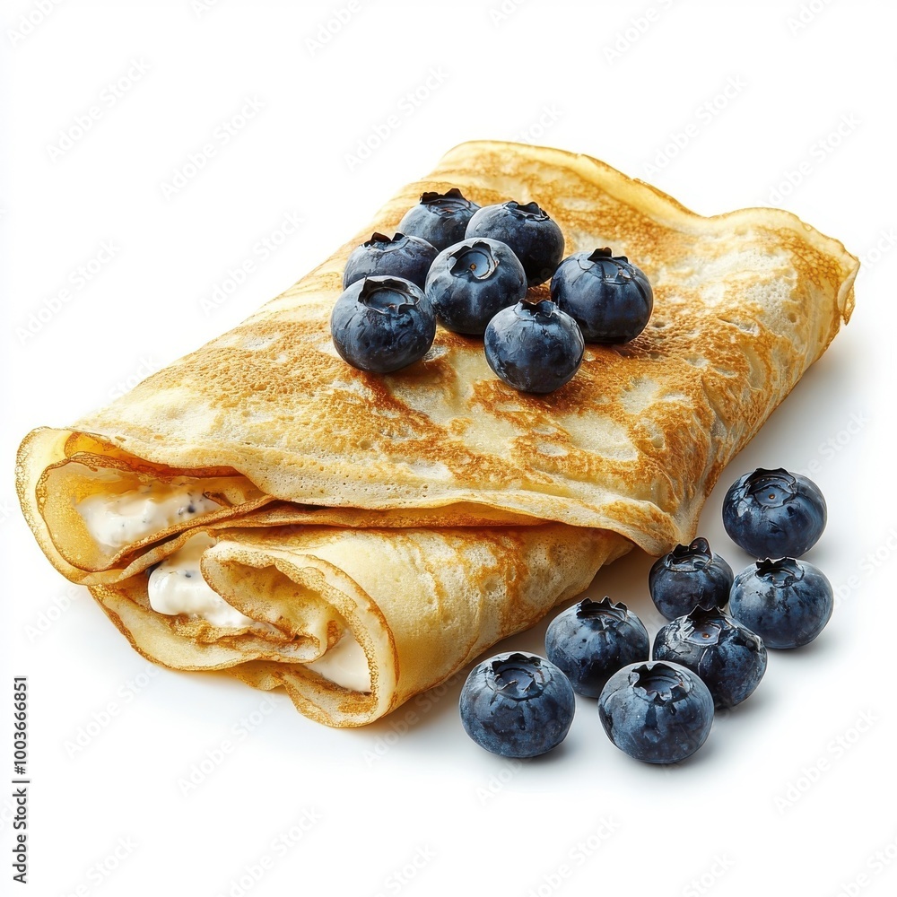 Blueberry crepe isolated on a white background, filled with creamy goodness and topped with fresh blueberries. Blueberry crepe isolated on a white background, filled with creamy goodness and topped with fresh blueberries.