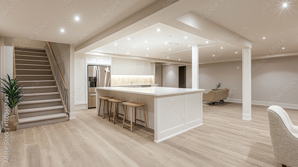 Fototapeta premium A large open kitchen with a white island and a white refrigerator