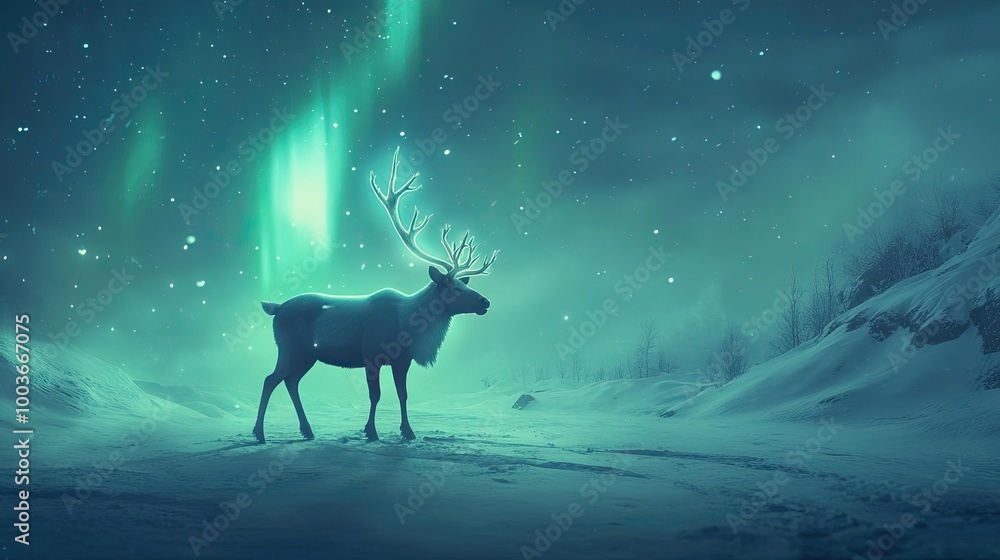 A majestic reindeer stands under the ethereal glow of the Northern Lights in a tranquil winter landscape filled with snow. A majestic reindeer stands under the ethereal glow of the Northern Lights in a tranquil winter landscape filled with snow.