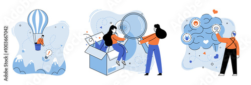 Thought process vector illustration. Brainstorming sessions illuminate path to creative solutions Solutions materialize through process intelligent analysis Learning enhances intelligence applied