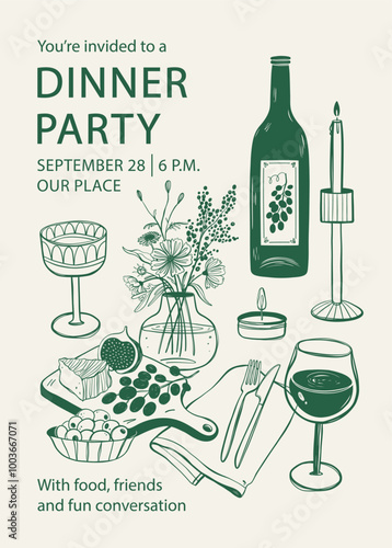 Dinner party invitation. Table served and decorated with flowers and candles.