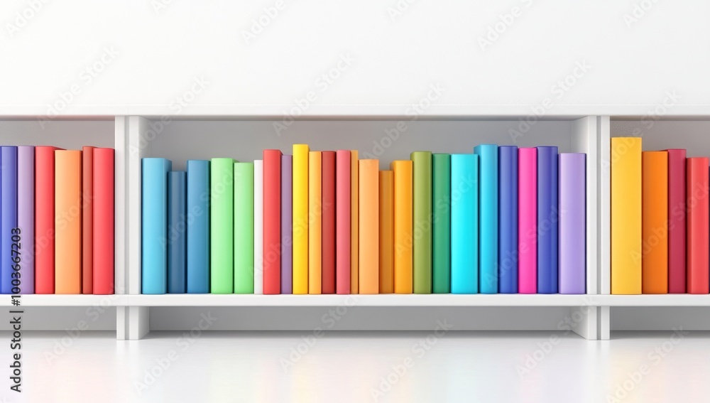 Colorful Books on White Bookshelves Against a White Background Colorful Books on White Bookshelves Against a White Background