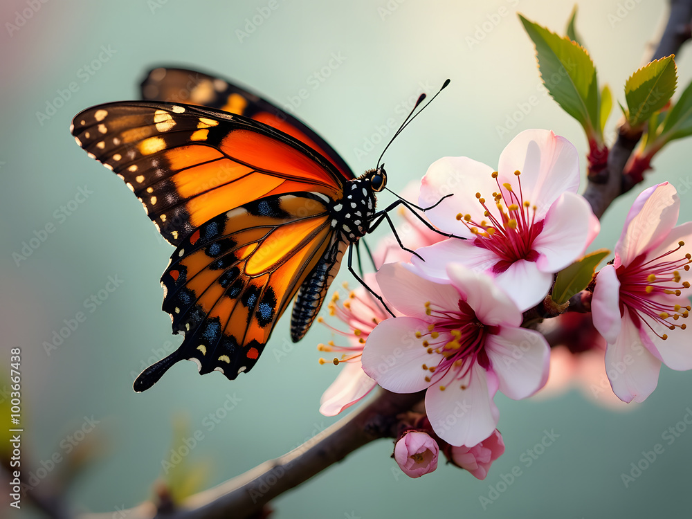 Fototapeta premium A butterfly landing on a blooming cherry branch 