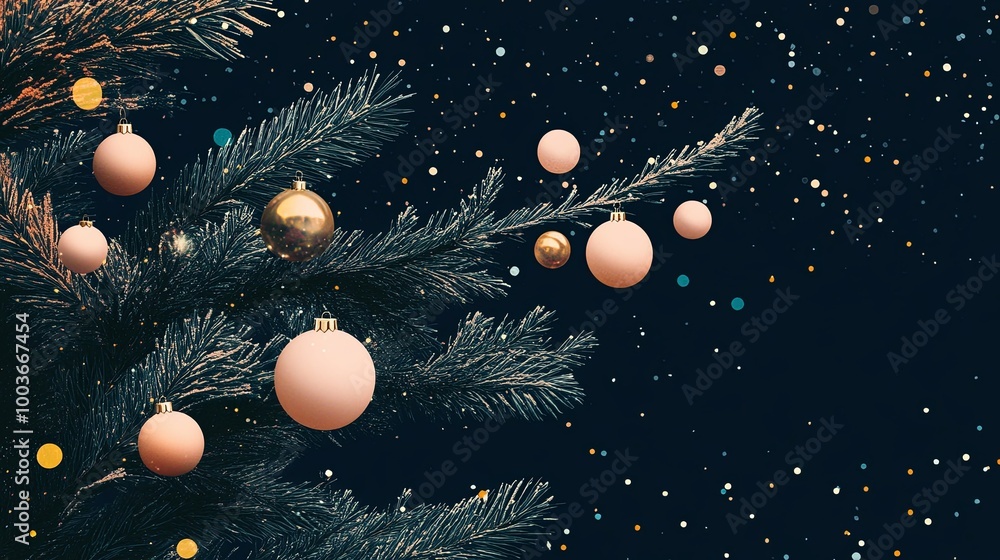 Fototapeta premium A festive close-up of a decorated Christmas tree branch with ornaments, set against a dark background with falling snowflakes.