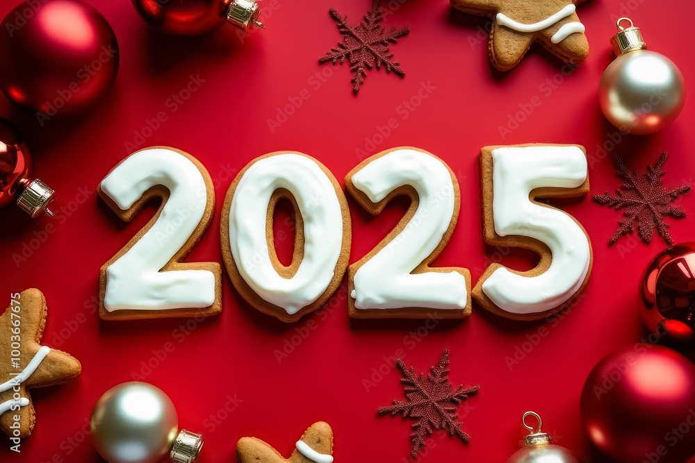 Gingerbread 2025 numbers with ornaments on red background Gingerbread 2025 numbers with ornaments on red background
