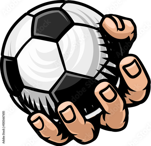 A mascot person hand or fist holding a soccer football ball
