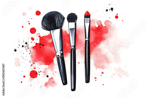 Makeup brush with smear and lipstick on white background.